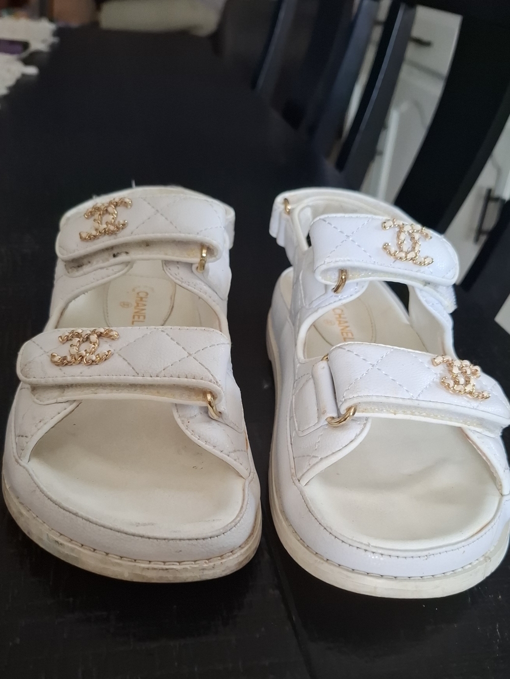 CHANEL Dad Sandals Grained Calfskin Velcro White.